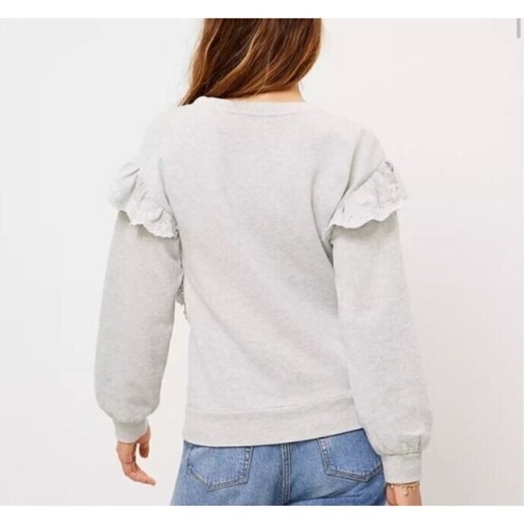 LOFT Sweater Womens Large Embroidered Ruffle Sleeve Sweatshirt Gray Cotton Boho - Picture 6 of 10